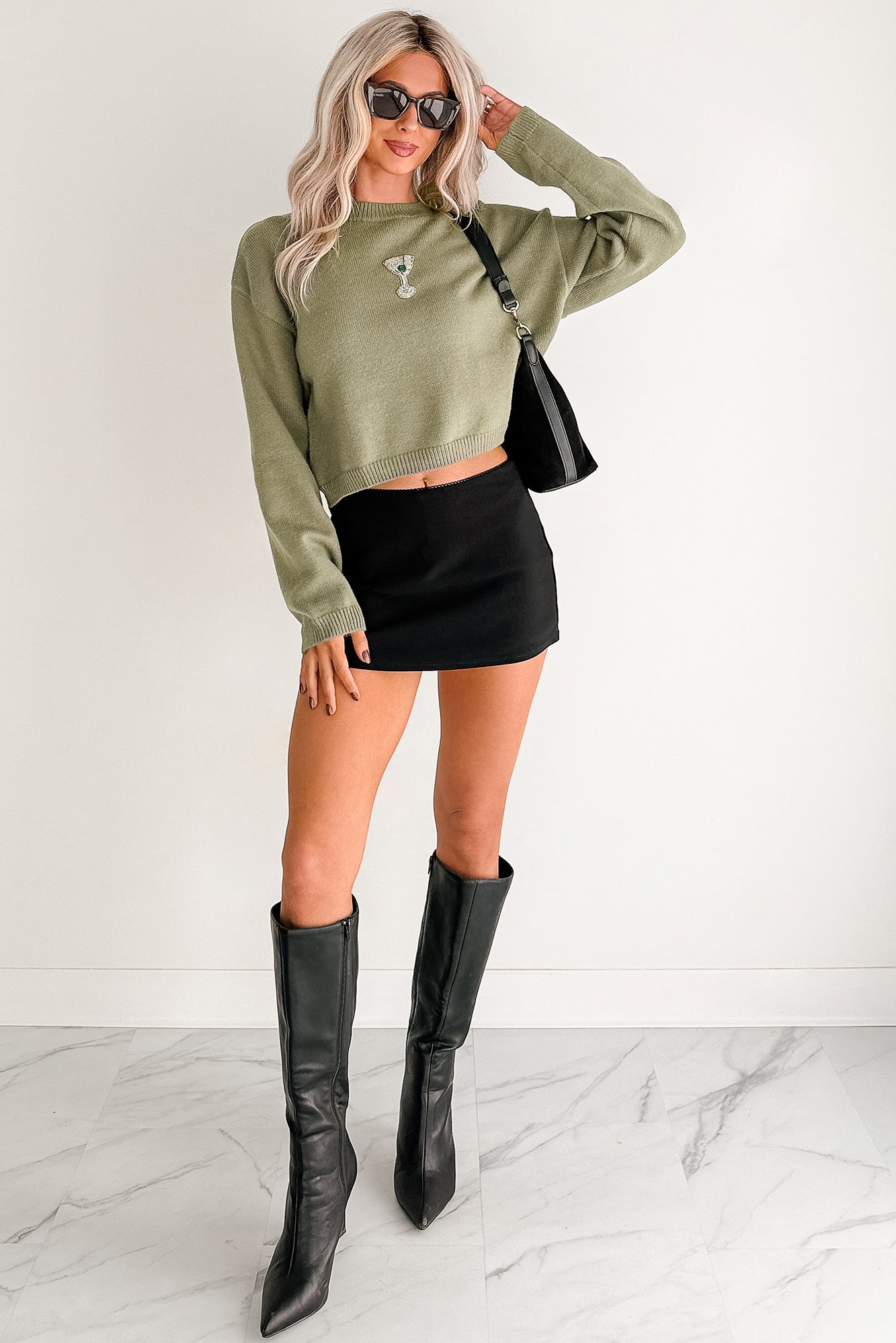 Warm Evenings Martini Bead Crop Sweater (Olive) - NanaMacs