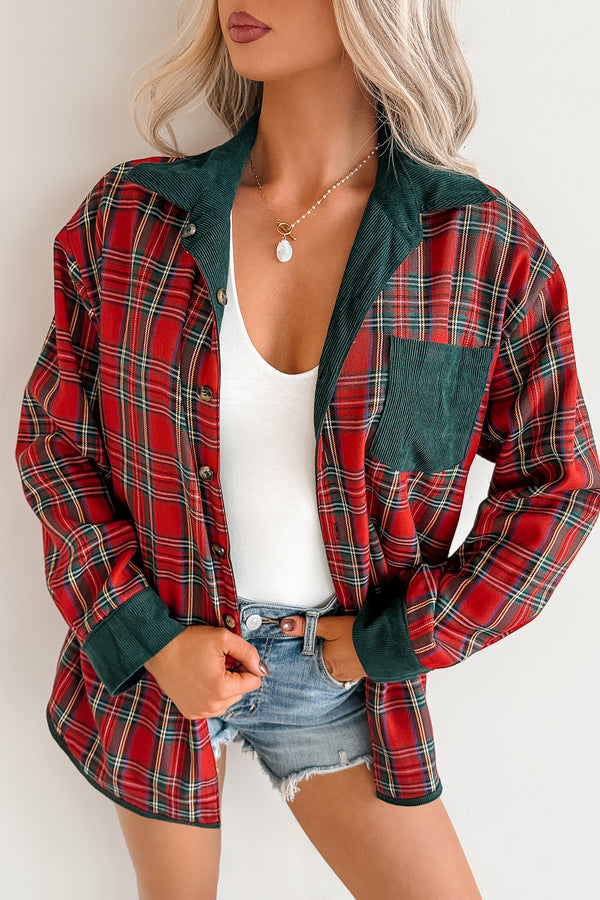 Merry Hour Corduroy Plaid Mello Shacket (Dark Green/Red)