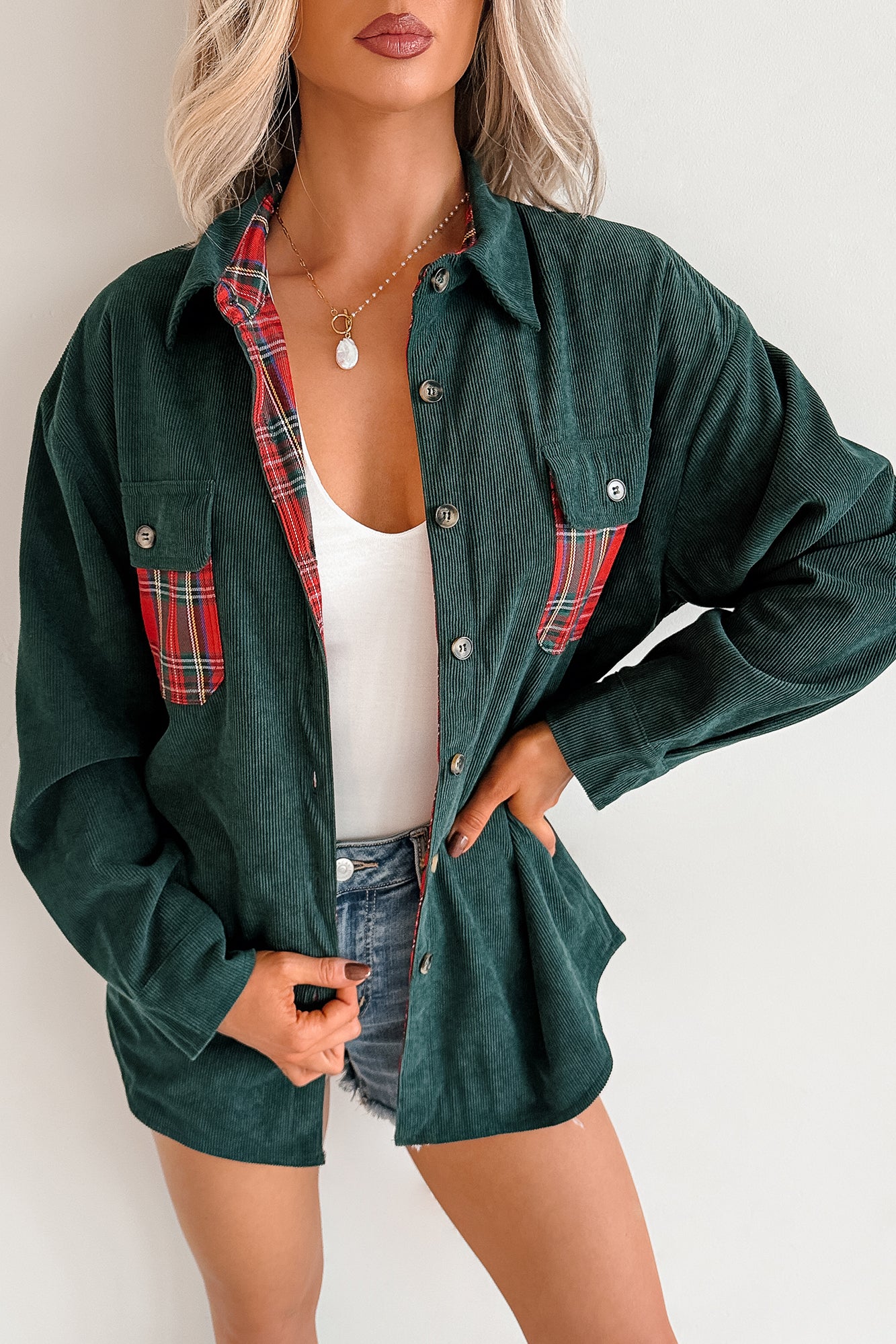 Merry Hour Corduroy Plaid Mello Shacket (Dark Green/Red) - NanaMacs