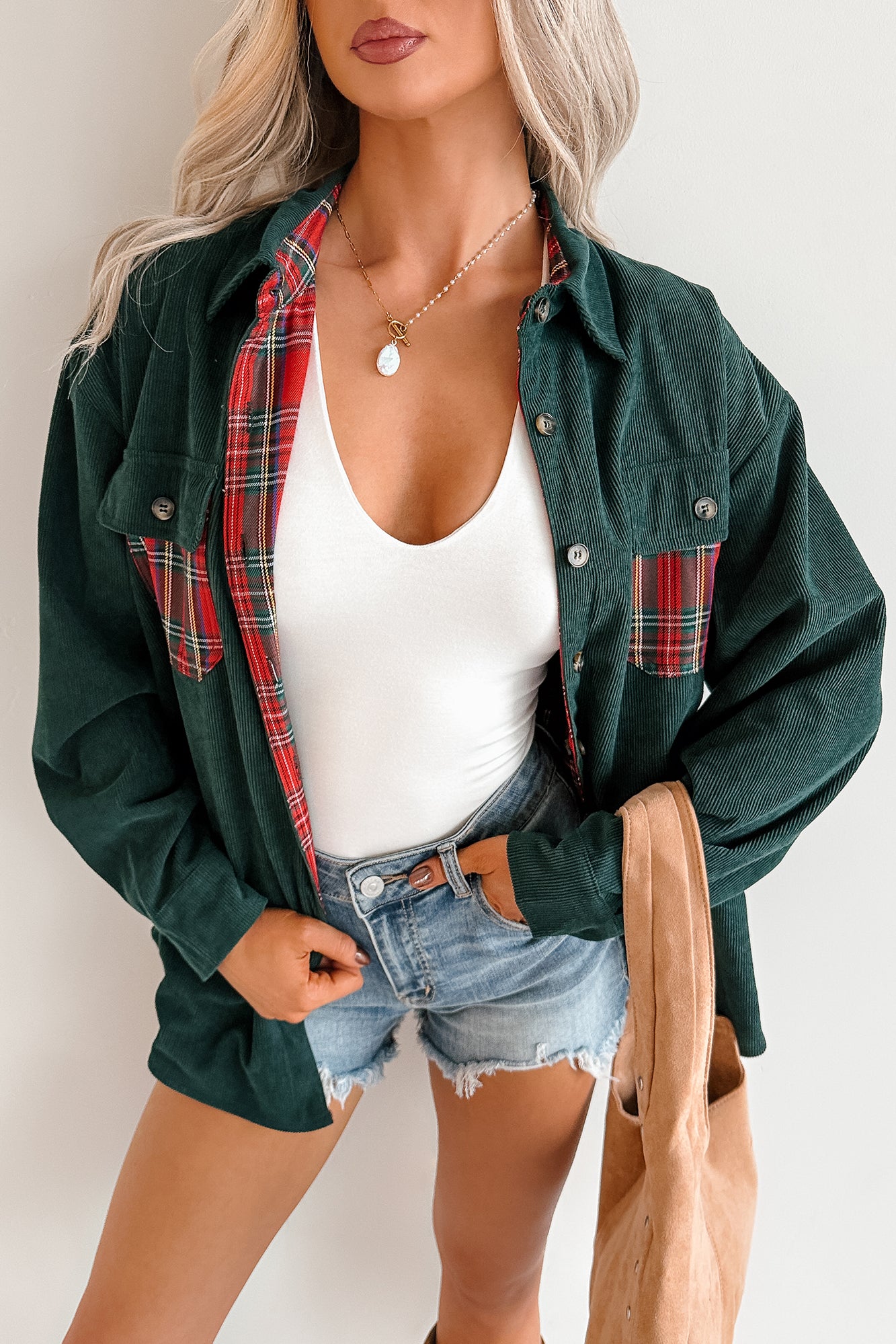 Merry Hour Corduroy Plaid Mello Shacket (Dark Green/Red) - NanaMacs