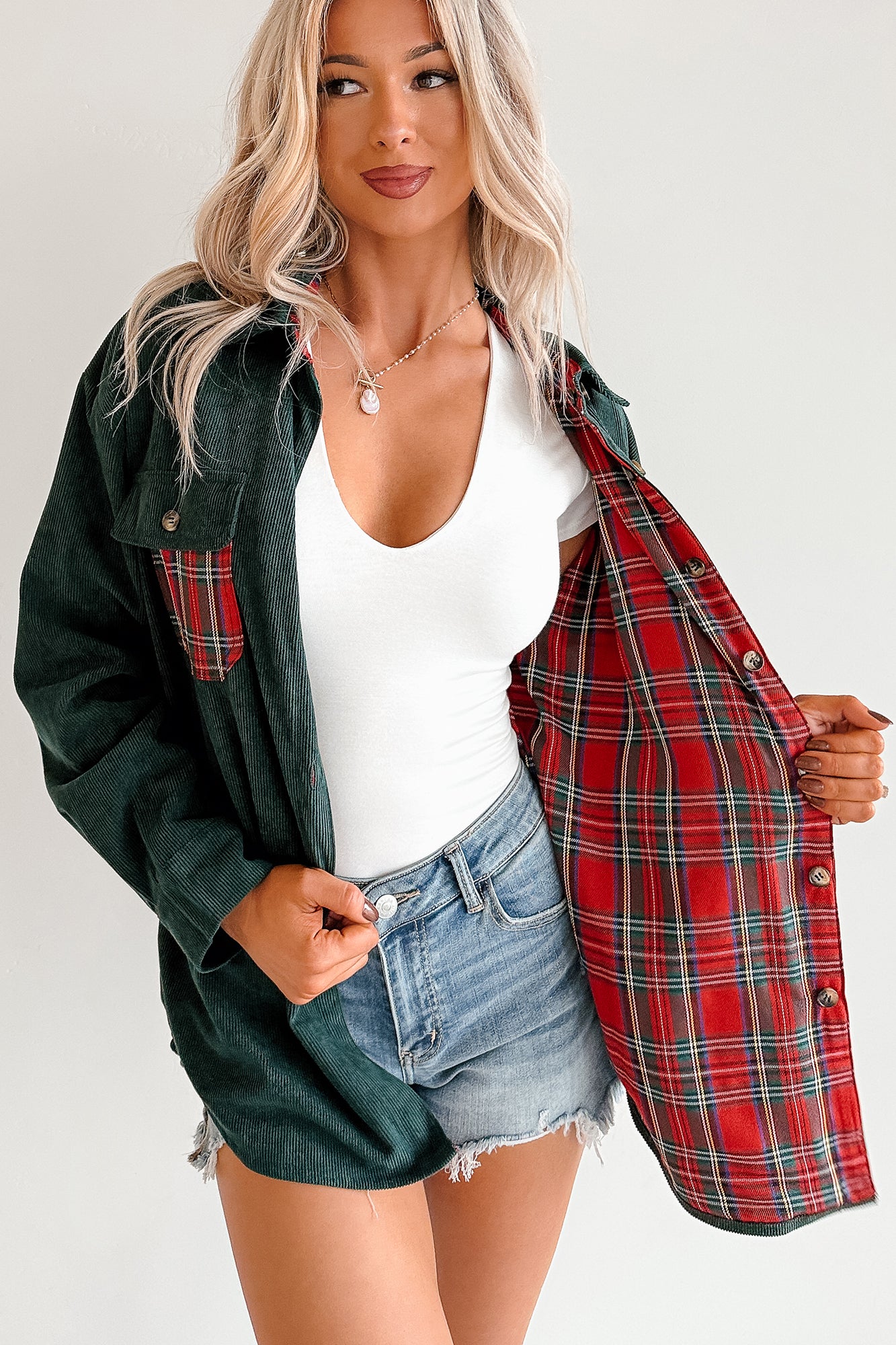Merry Hour Corduroy Plaid Mello Shacket (Dark Green/Red) - NanaMacs
