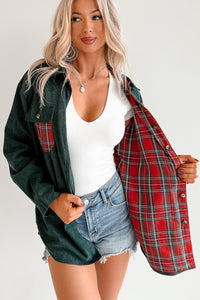 Merry Hour Corduroy Plaid Mello Shacket (Dark Green/Red) - NanaMacs