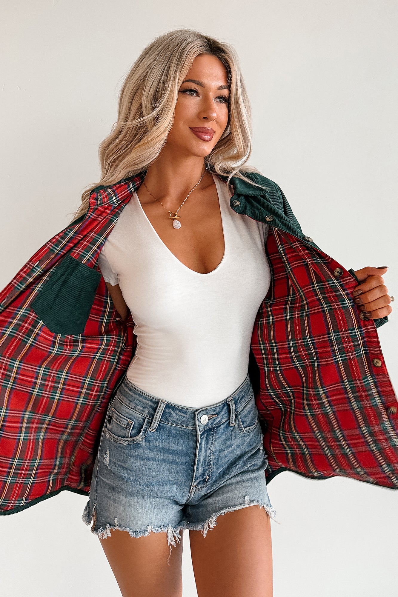 Merry Hour Corduroy Plaid Mello Shacket (Dark Green/Red) - NanaMacs
