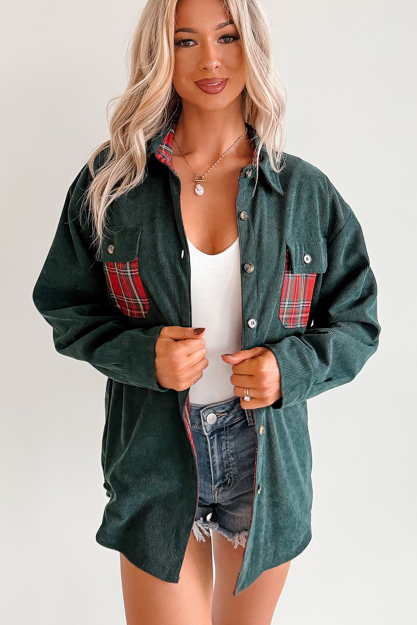 Merry Hour Corduroy Plaid Mello Shacket (Dark Green/Red) - NanaMacs