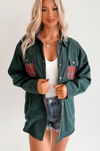 Merry Hour Corduroy Plaid Mello Shacket (Dark Green/Red) - NanaMacs