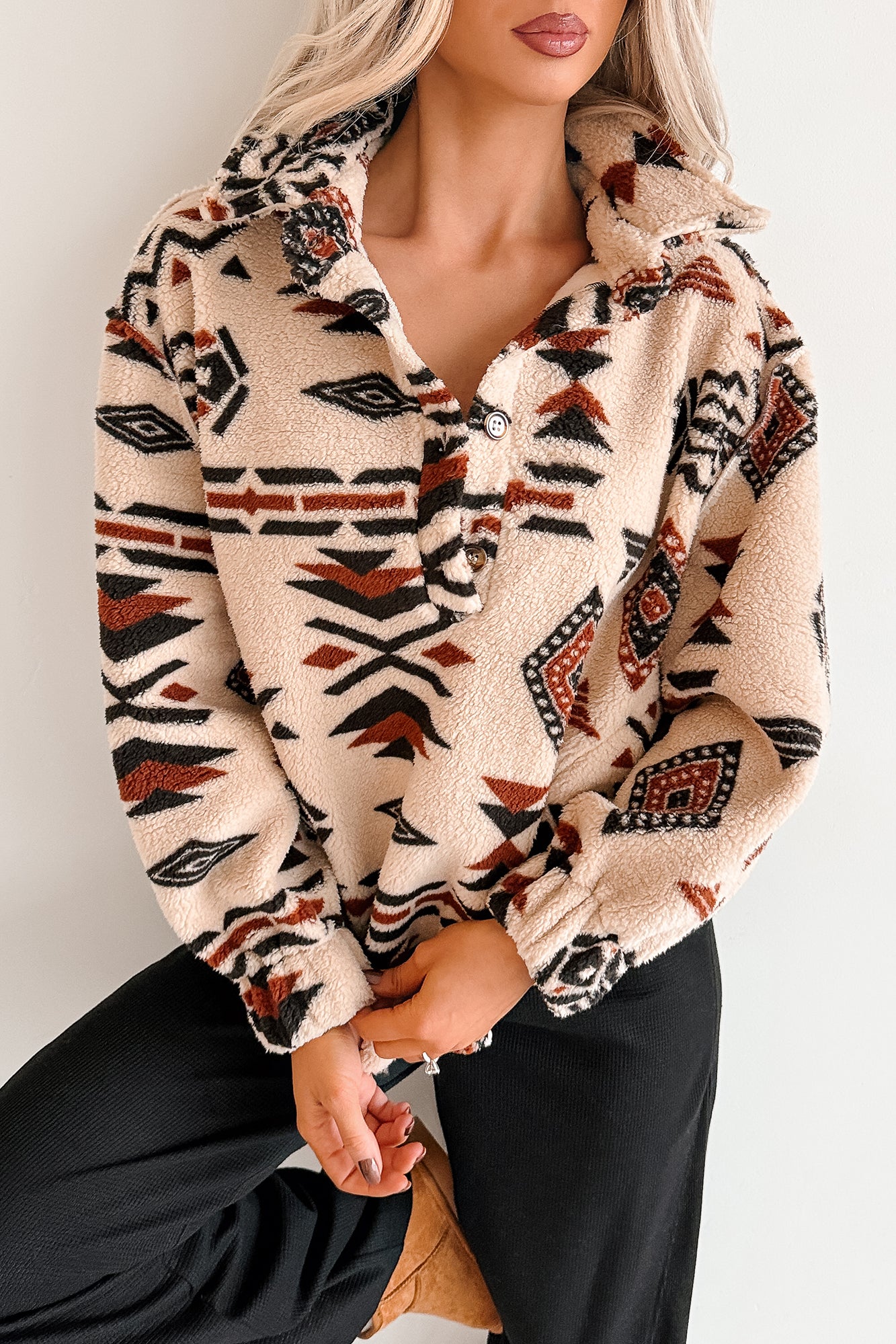 Cool Edge Aztec Sherpa Pullover (Beige/Multi) - NanaMacs