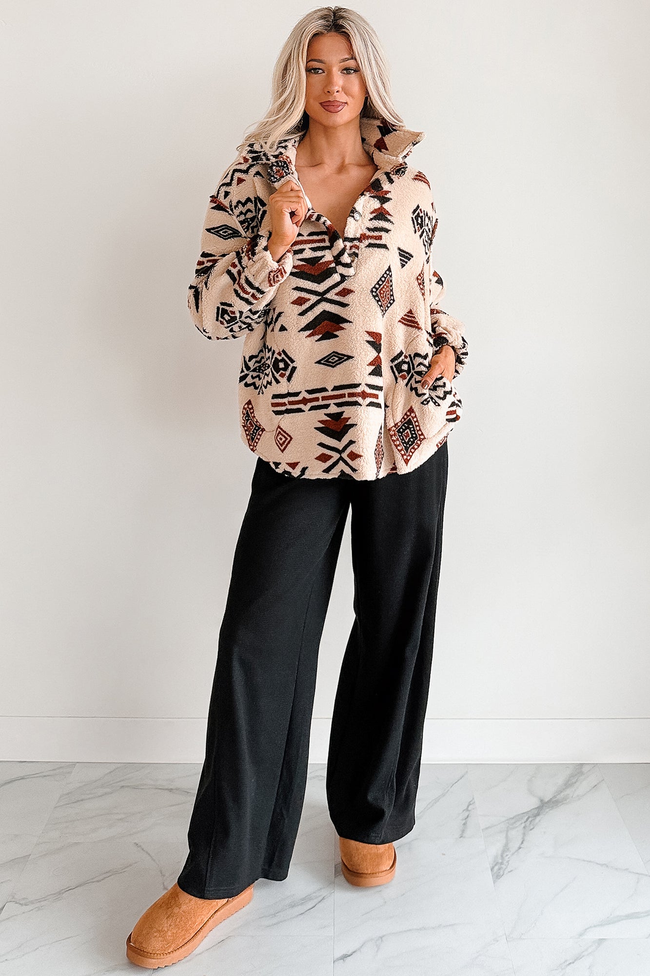 Cool Edge Aztec Sherpa Pullover (Beige/Multi) - NanaMacs