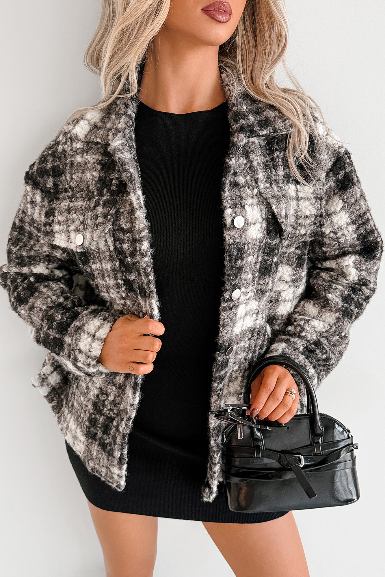 Deadline Driven Plaid Boucle Button-Up Jacket (Black) - NanaMacs