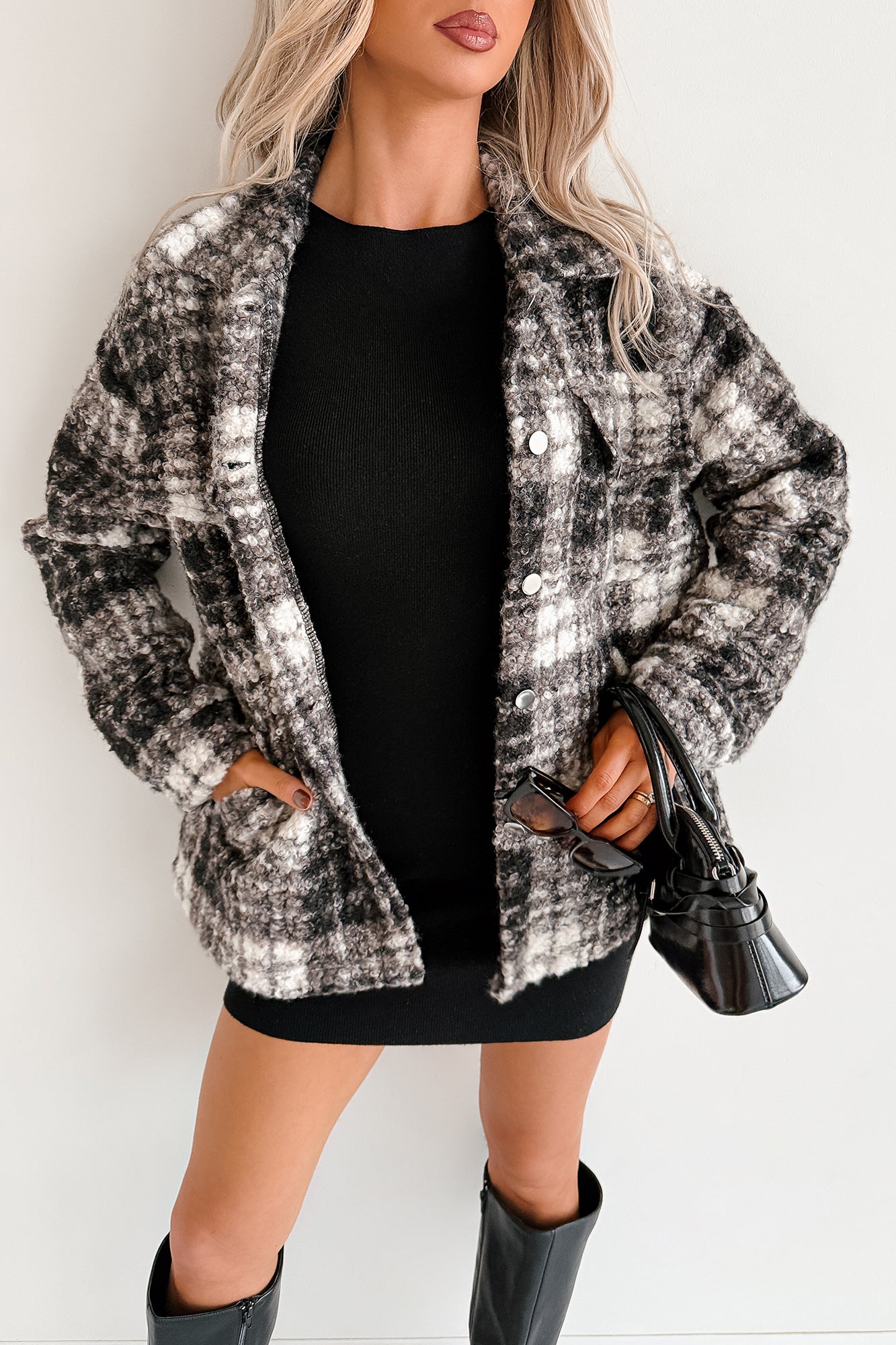 Deadline Driven Plaid Boucle Button-Up Jacket (Black) - NanaMacs