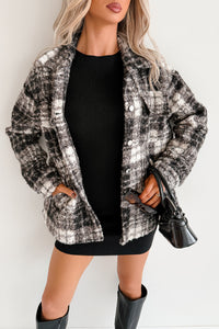 Deadline Driven Plaid Boucle Button-Up Jacket (Black) - NanaMacs