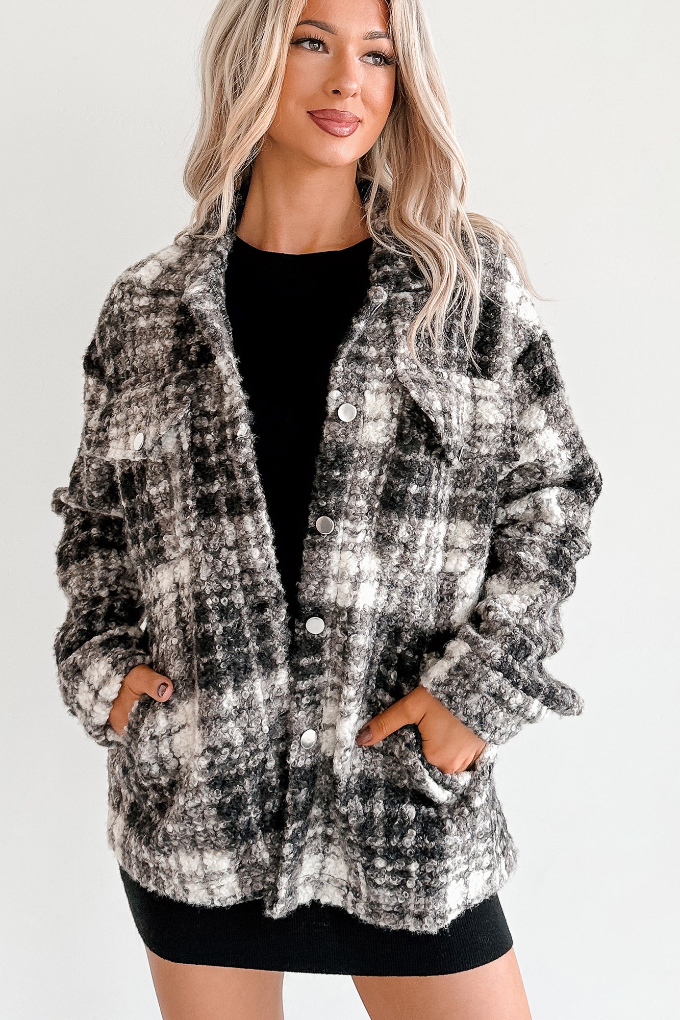Deadline Driven Plaid Boucle Button-Up Jacket (Black) - NanaMacs