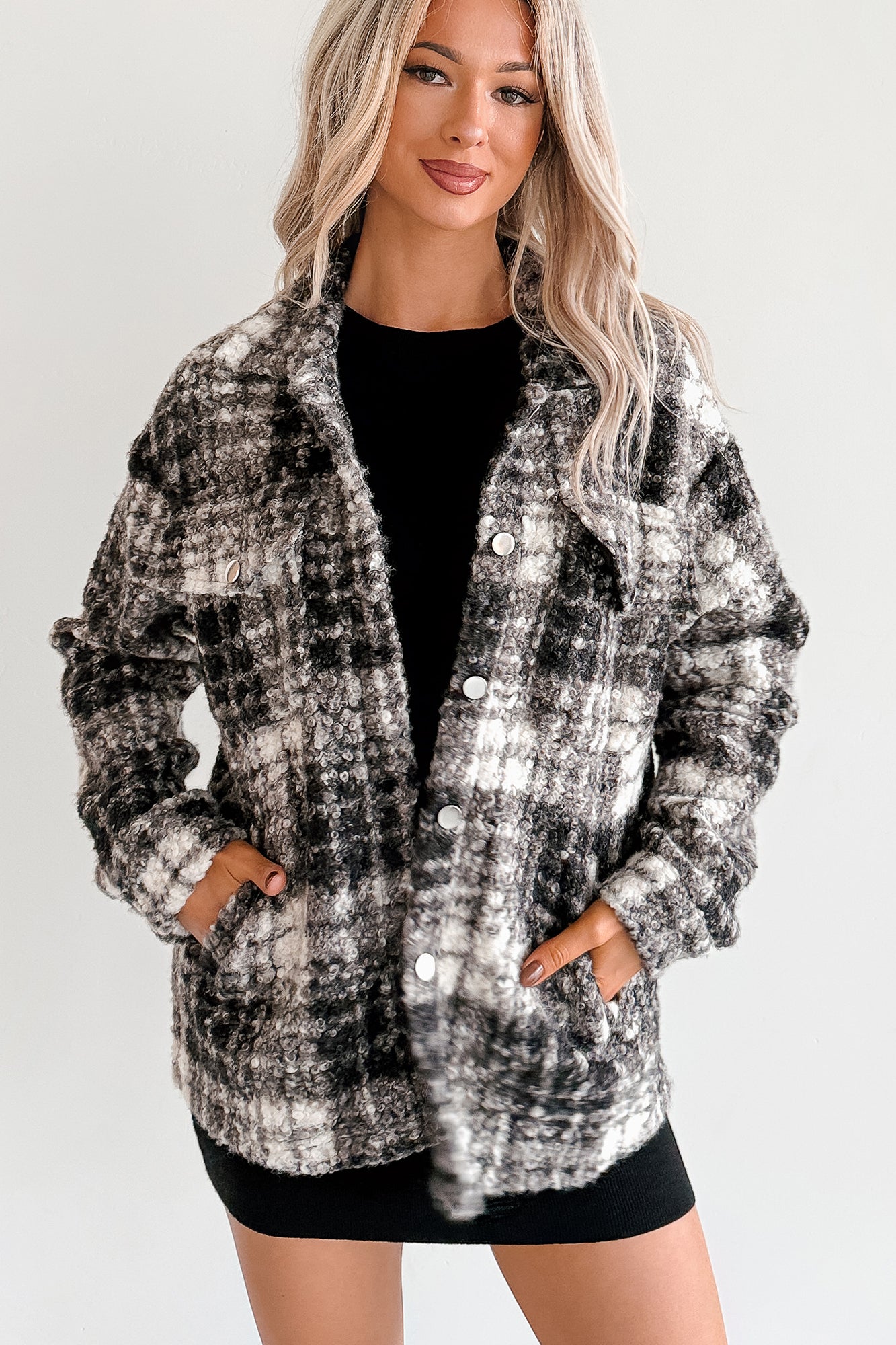 Deadline Driven Plaid Boucle Button-Up Jacket (Black) - NanaMacs