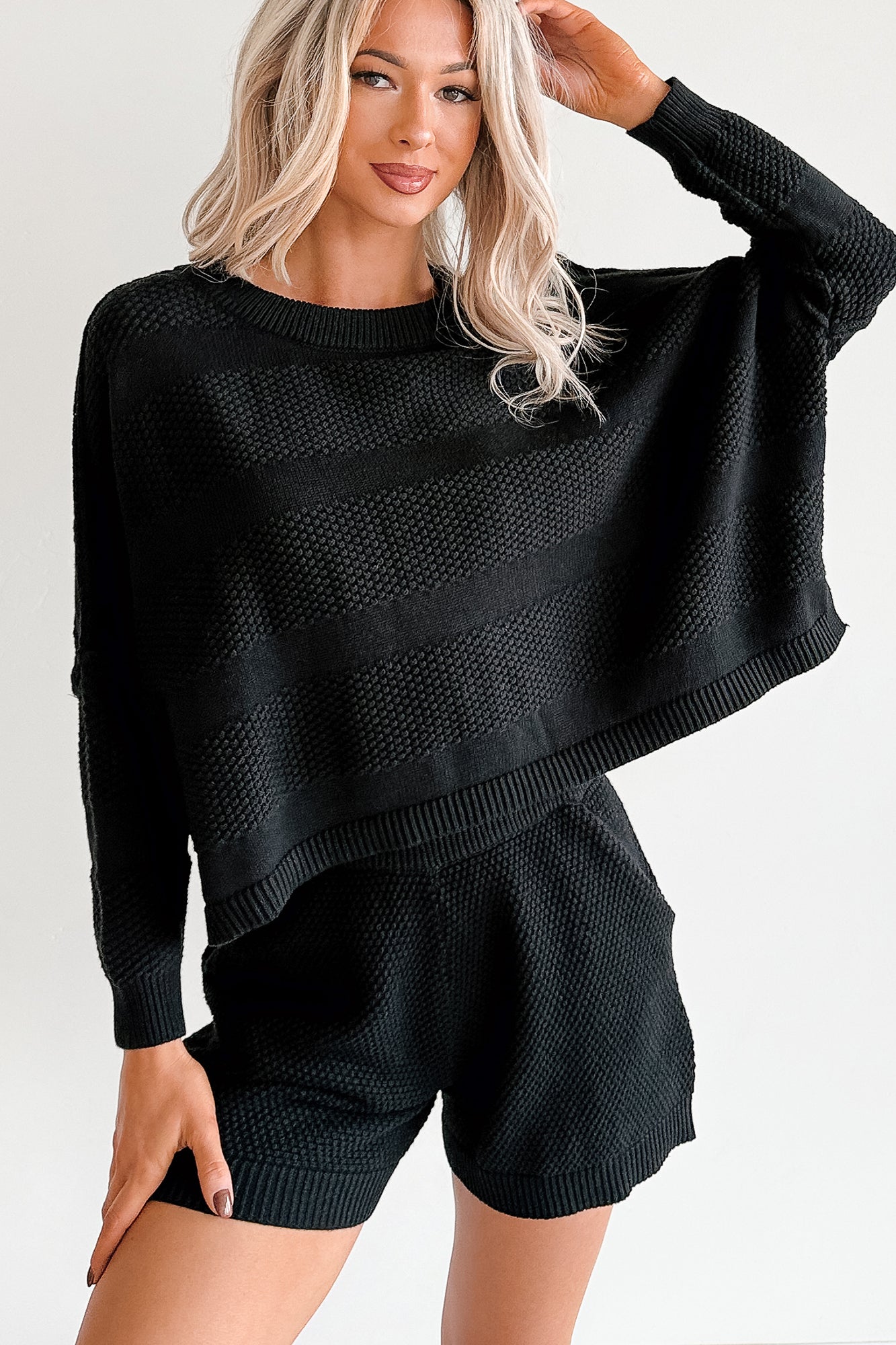 Snowy Setting Cable Knit Relaxed Set (Black) - NanaMacs