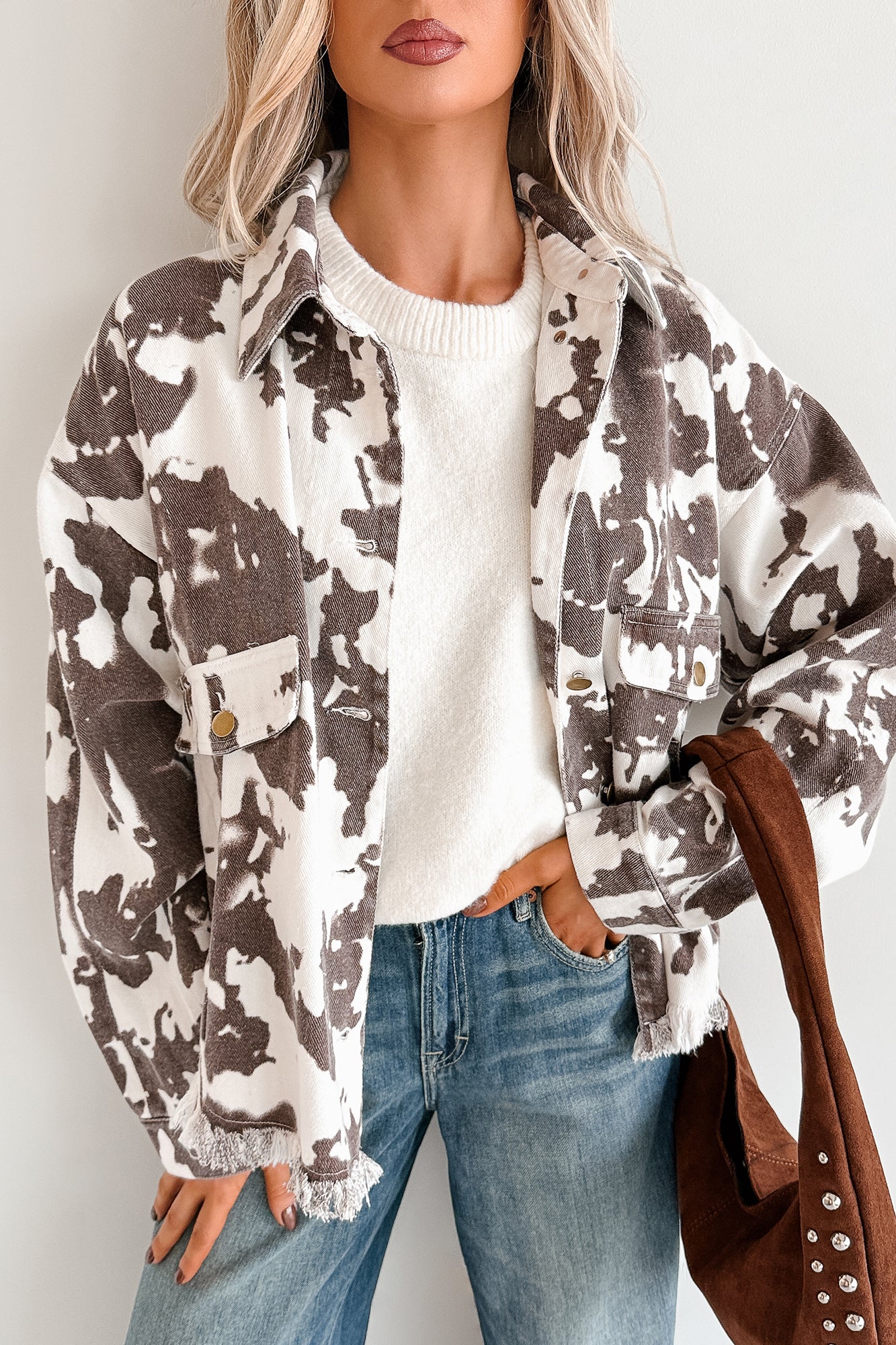 Cowgirl Spirit Oversized Raw Hem Shacket (Taupe Cow) - NanaMacs