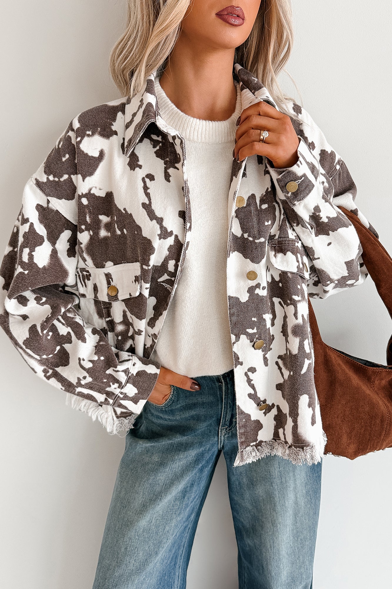 Cowgirl Spirit Oversized Raw Hem Shacket (Taupe Cow) - NanaMacs