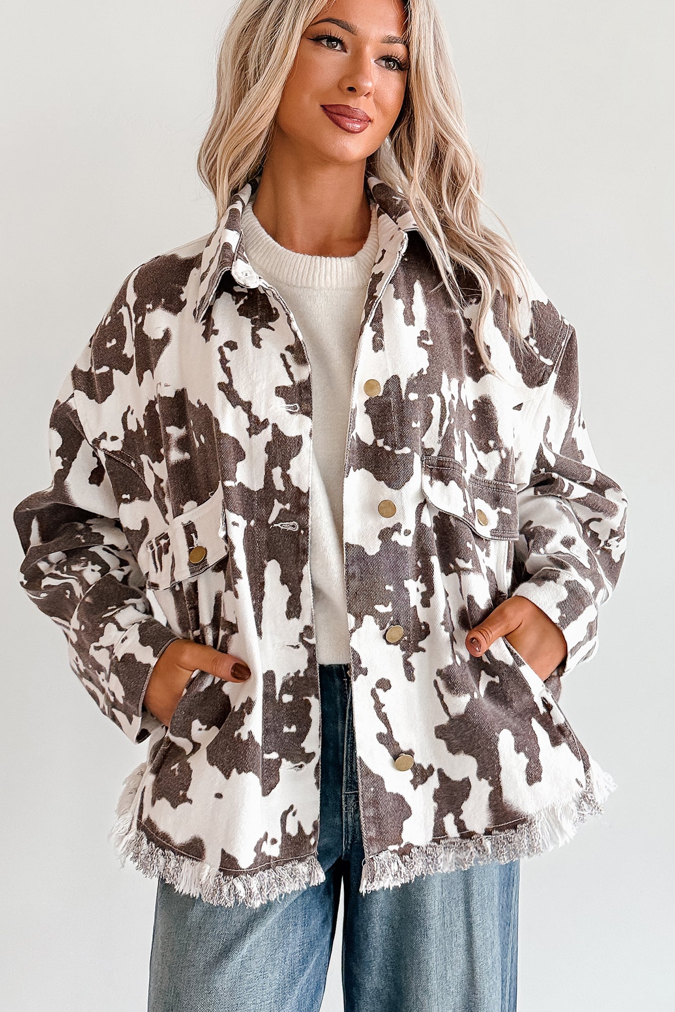 Cowgirl Spirit Oversized Raw Hem Shacket (Taupe Cow) - NanaMacs