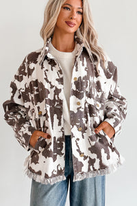 Cowgirl Spirit Oversized Raw Hem Shacket (Taupe Cow) - NanaMacs