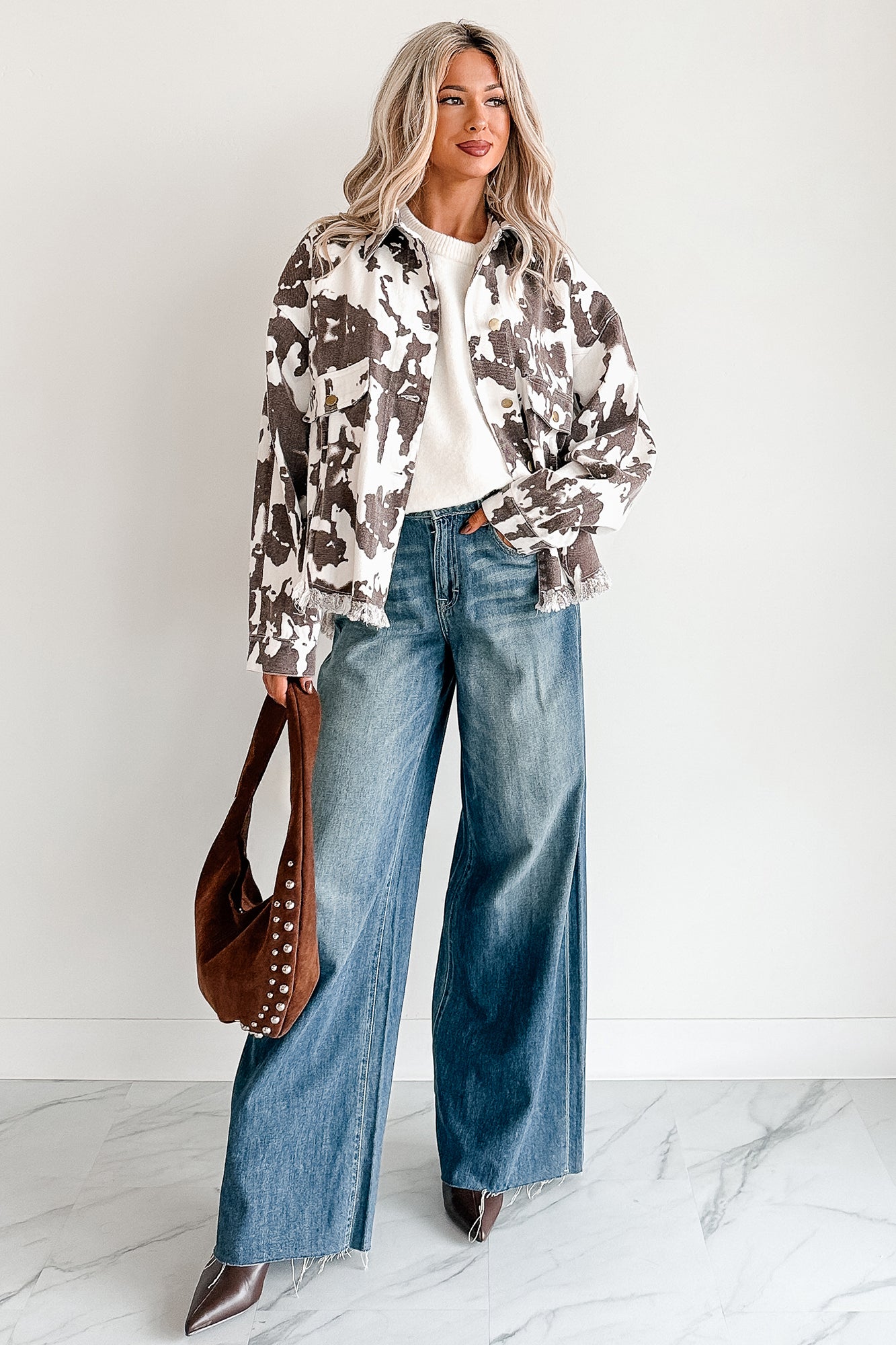 Cowgirl Spirit Oversized Raw Hem Shacket (Taupe Cow) - NanaMacs