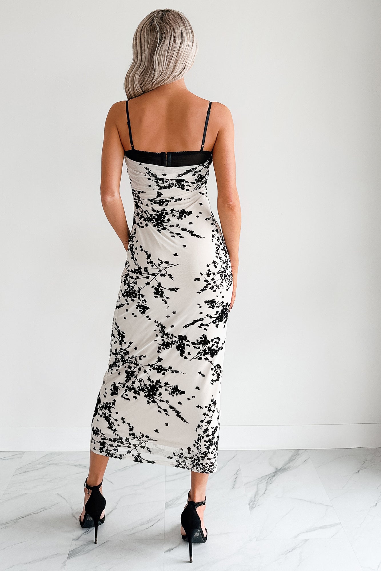 Sweetly Hers Mesh Floral Midi Dress (Black/Cream) - NanaMacs
