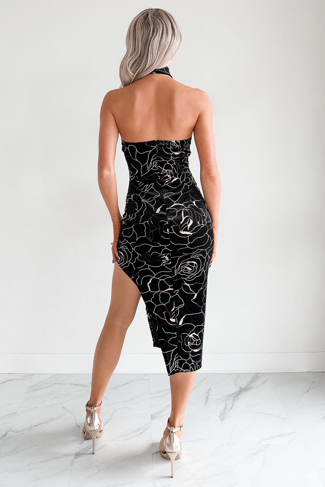 Paris Drama Foiled Floral Halter Midi Dress (Black) - NanaMacs