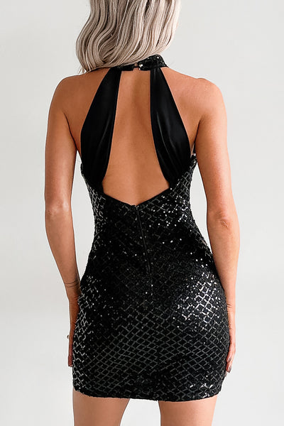 Sensational Beauty Sequin Halter Mini Dress (Black)