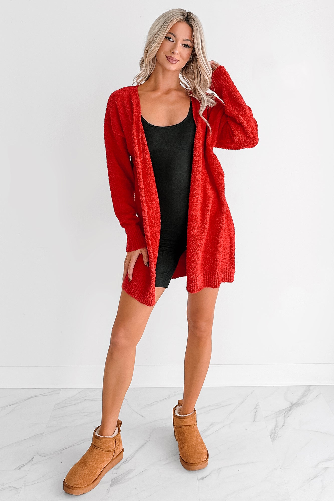 Keep It Homey Fuzzy Knit Cardigan (Red) - NanaMacs