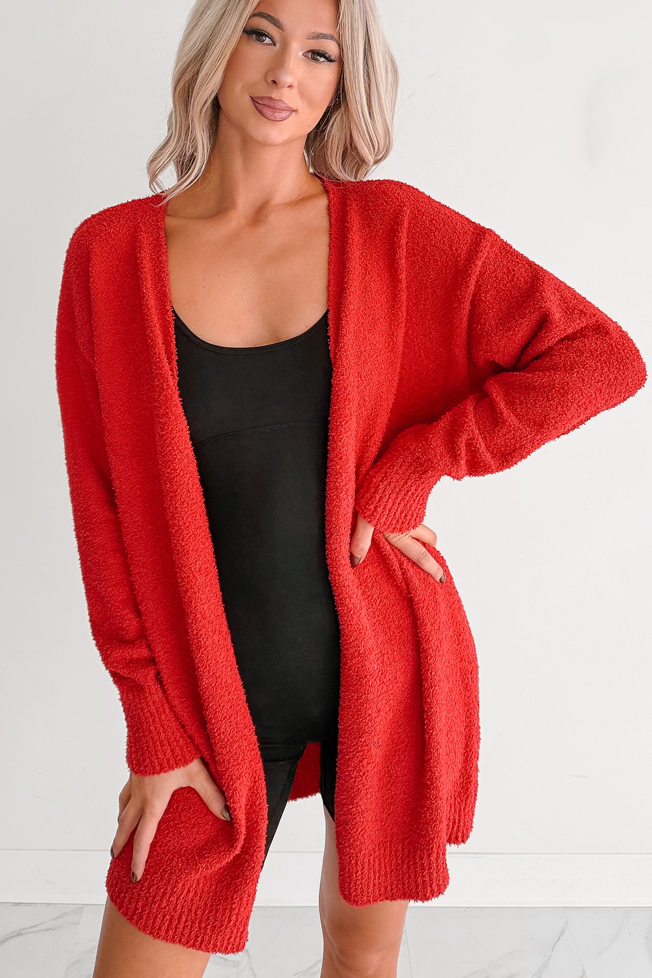 Keep It Homey Fuzzy Knit Cardigan (Red) - NanaMacs