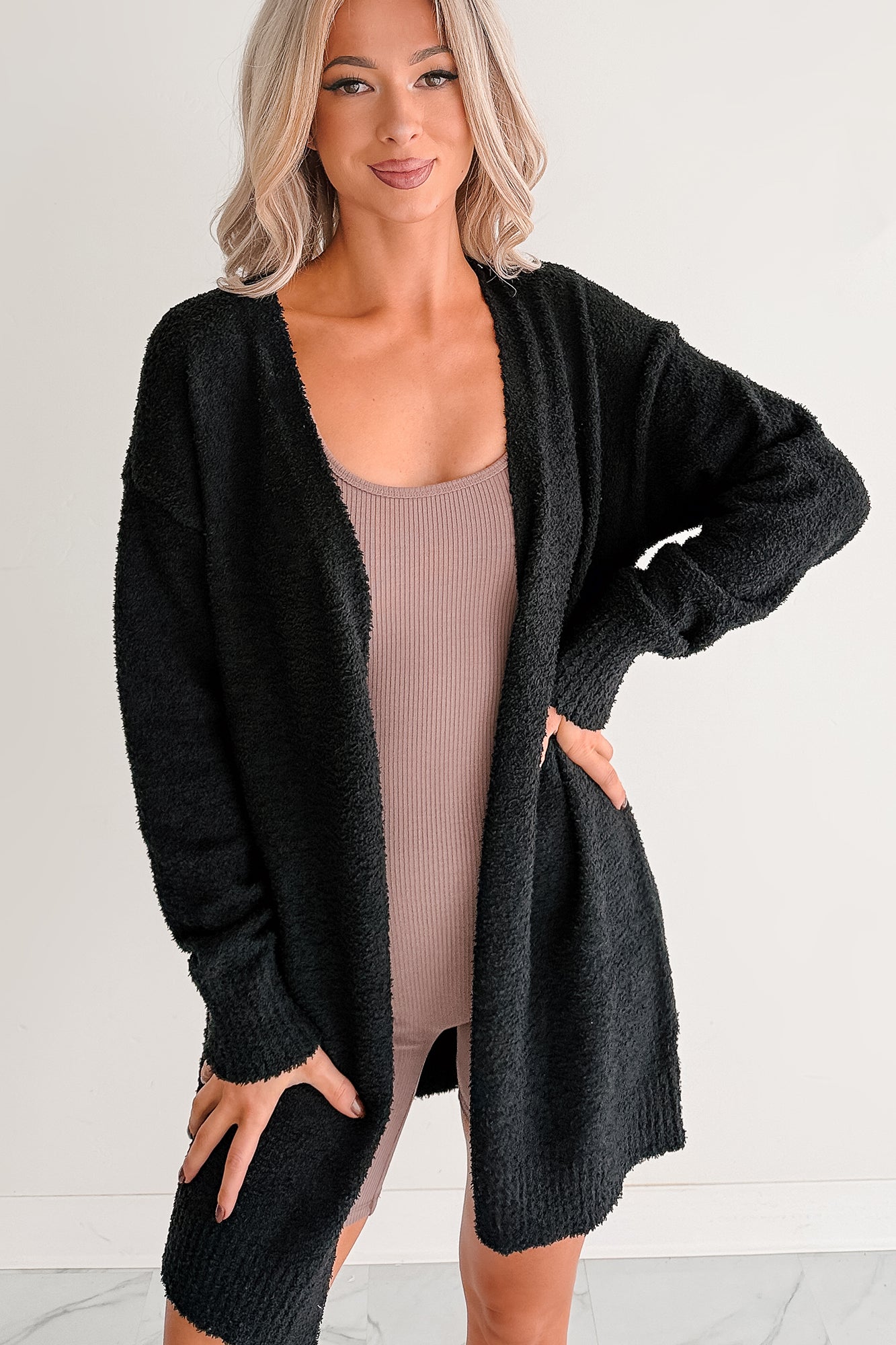 Keep It Homey Fuzzy Knit Cardigan (Black) - NanaMacs