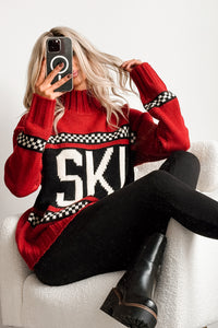 Ski You Later Graphic Mock Neck Sweater (Red) - NanaMacs