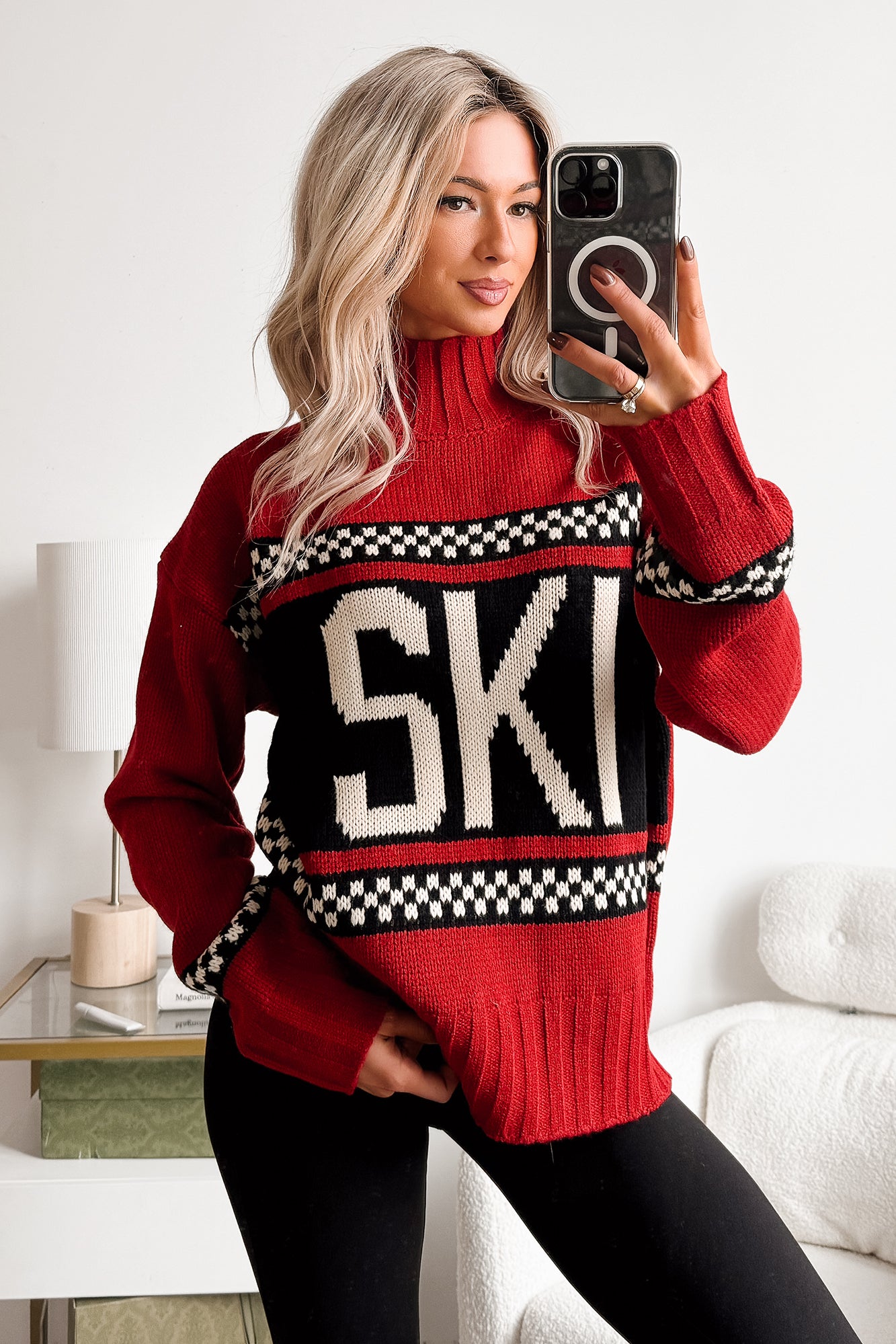 Ski You Later Graphic Mock Neck Sweater (Red) - NanaMacs
