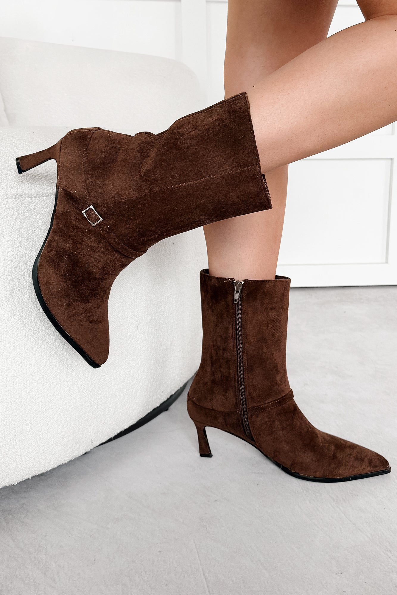 Forever Rising Faux Suede Stiletto Booties (Brown)