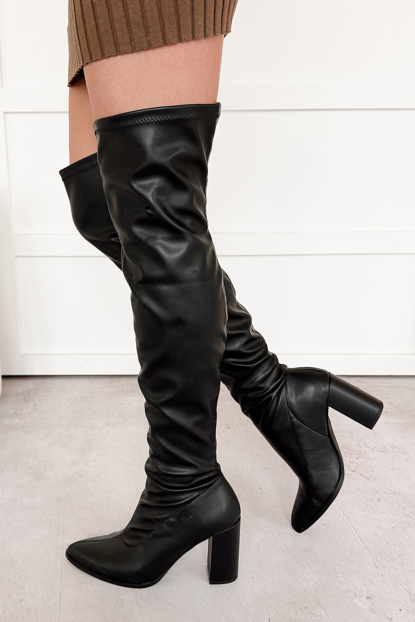 Babe Routine Thigh High Chunky Heel Boots (Black) - NanaMacs