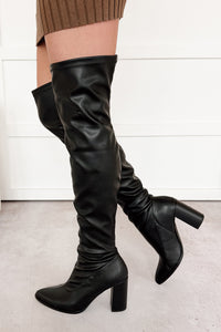 Babe Routine Thigh High Chunky Heel Boots (Black) - NanaMacs