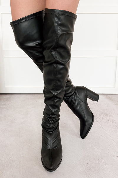 Babe Routine Thigh High Chunky Heel Boots (Black)