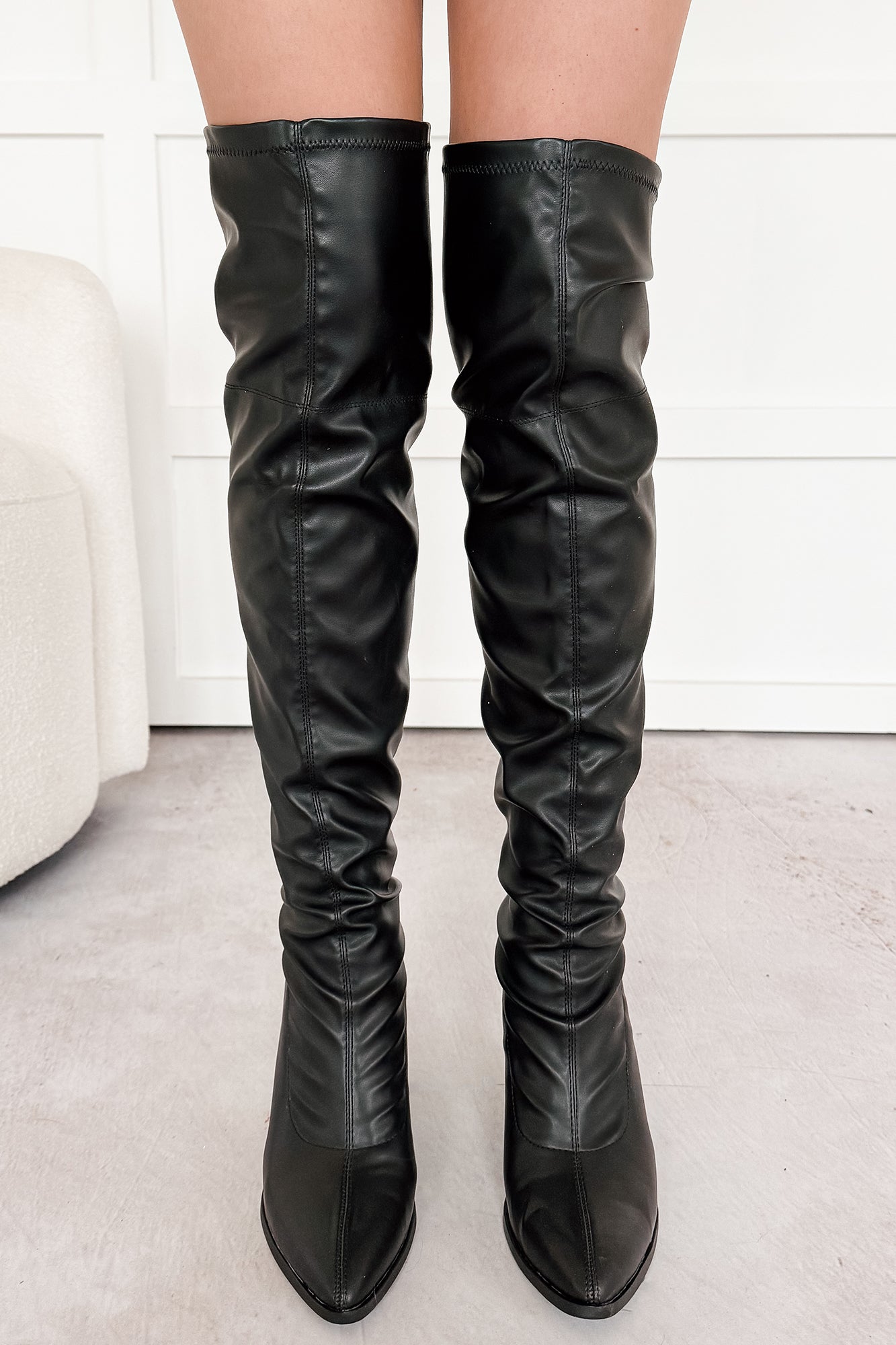 Babe Routine Thigh High Chunky Heel Boots (Black) - NanaMacs