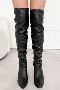 Babe Routine Thigh High Chunky Heel Boots (Black) - NanaMacs