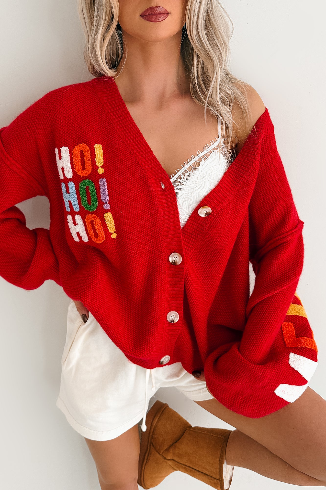 "Ho Ho Ho" Mello Christmas Patch Cardigan (Red) - NanaMacs