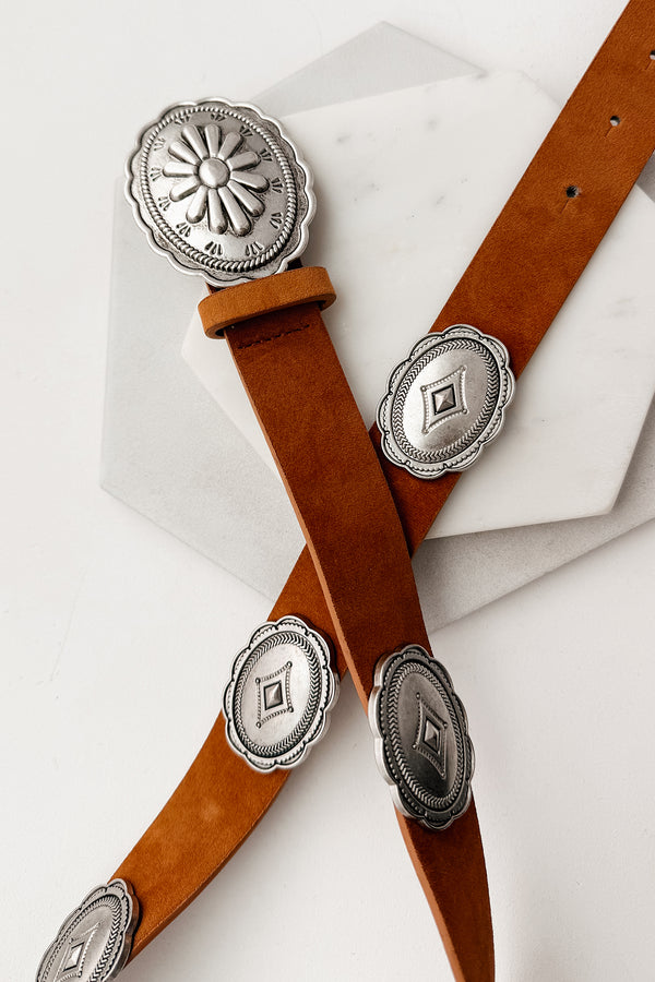 Rusted Charm Floral Concho Faux Suede Belt (Silver/Brown) - NanaMacs