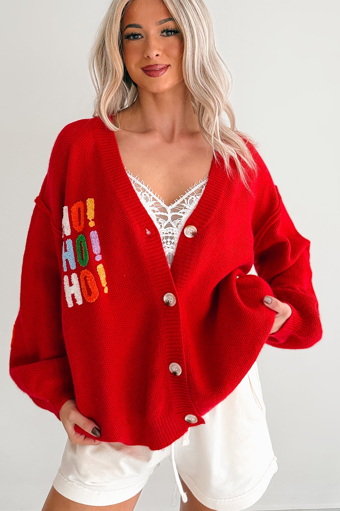 "Ho Ho Ho" Mello Christmas Patch Cardigan (Red) - NanaMacs