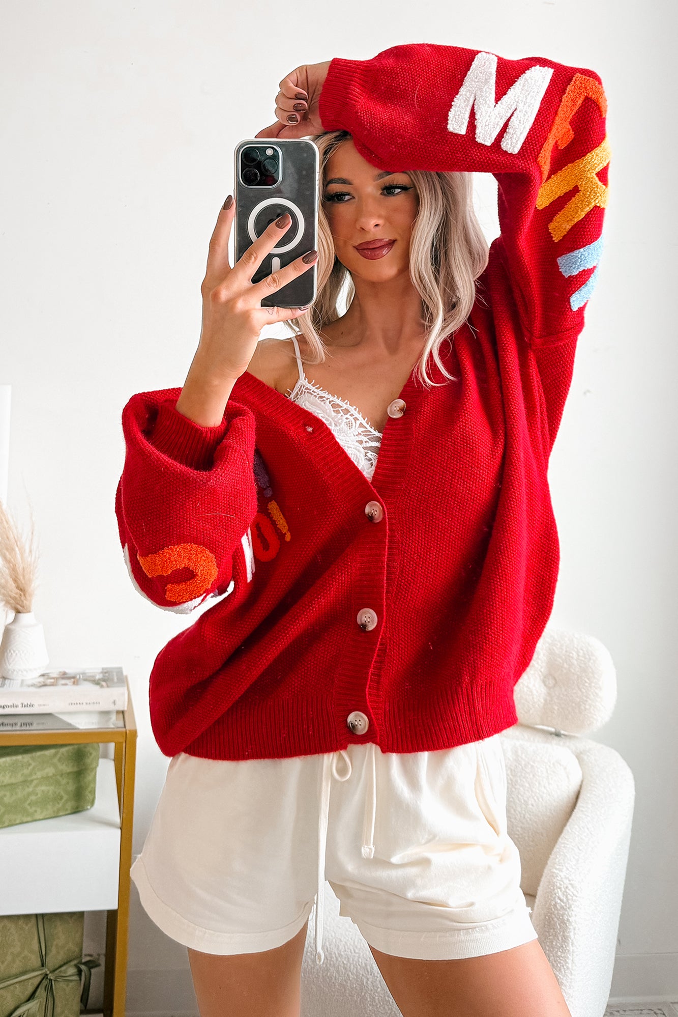 "Ho Ho Ho" Mello Christmas Patch Cardigan (Red) - NanaMacs