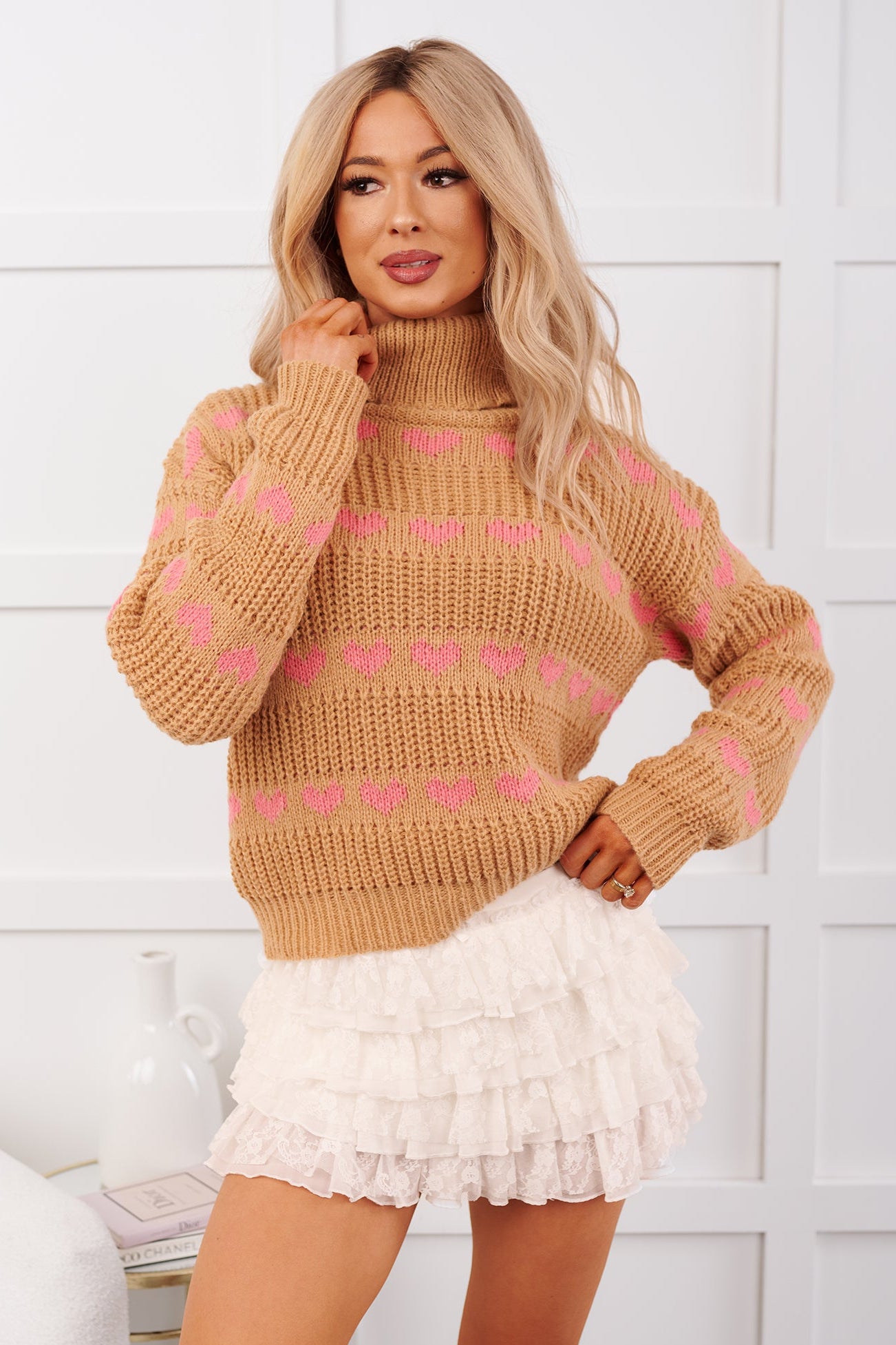 Feelin' Loving Heart Striped Turtleneck Sweater (Taupe/Pink) - NanaMacs