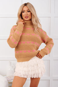 Feelin' Loving Heart Striped Turtleneck Sweater (Taupe/Pink) - NanaMacs