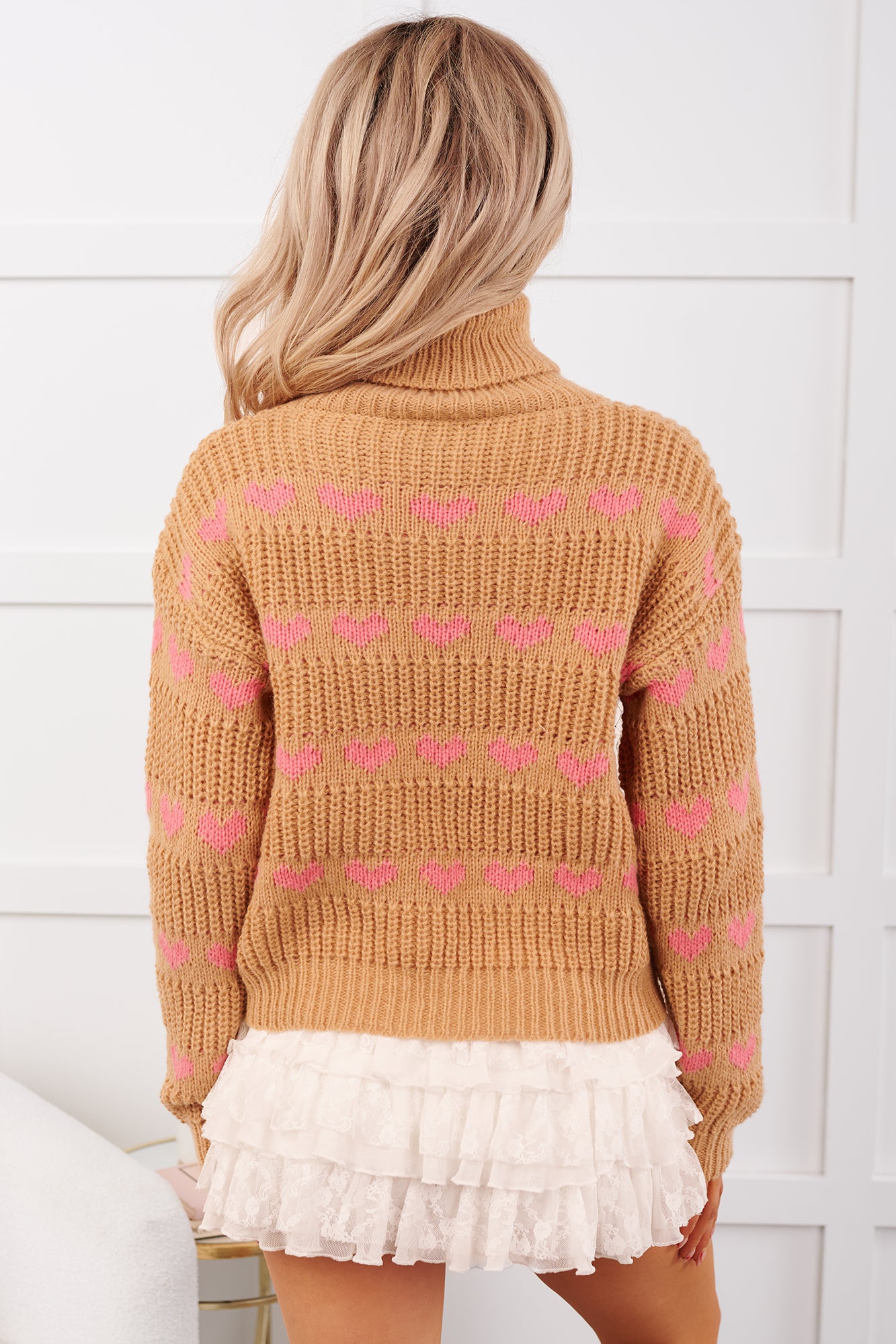 Feelin' Loving Heart Striped Turtleneck Sweater (Taupe/Pink) - NanaMacs