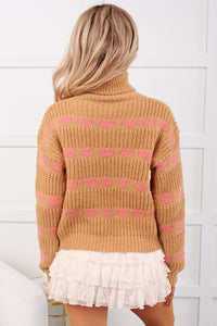 Feelin' Loving Heart Striped Turtleneck Sweater (Taupe/Pink) - NanaMacs