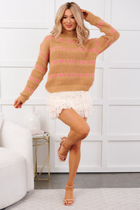 Feelin' Loving Heart Striped Turtleneck Sweater (Taupe/Pink) - NanaMacs