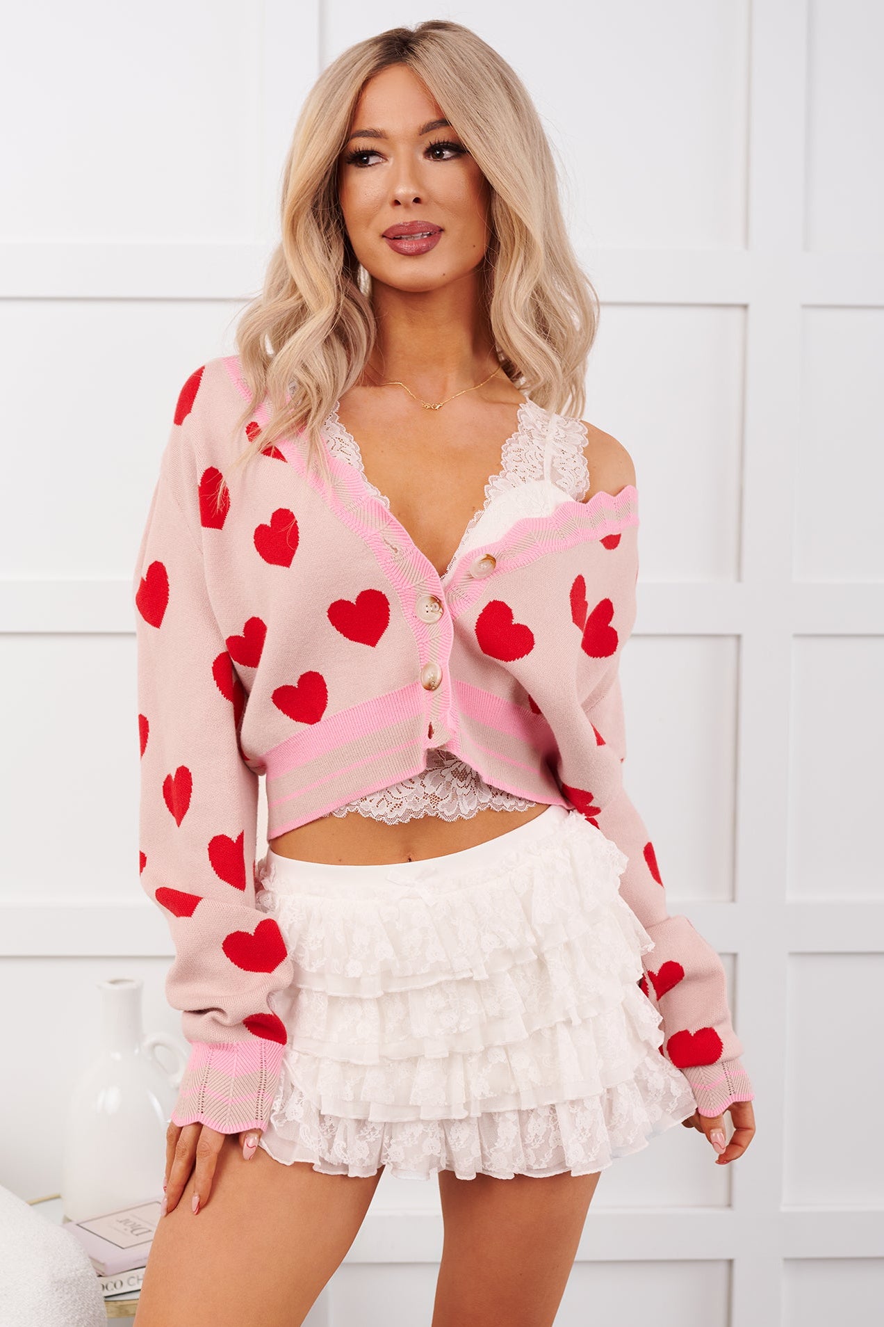 Lover's Lane Heart Pattern Scallop Edge Cardigan (Blush/Red