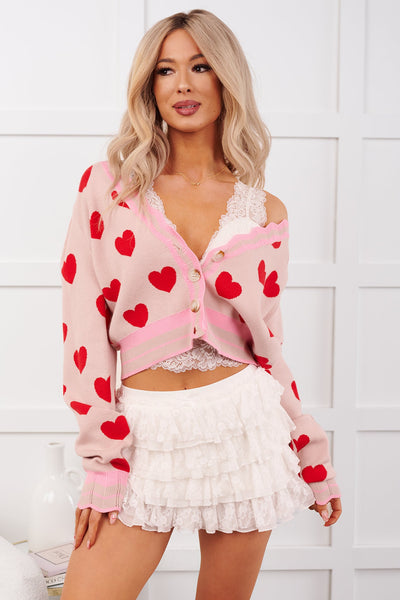 Lover's Lane Heart Pattern Scallop Edge Cardigan (Blush/Red)