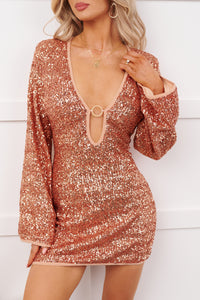 Divine Shine Plunging Sequin Mini Dress (Orange) - NanaMacs