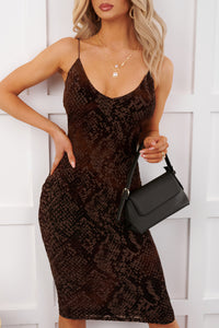 Luster After Snake Pattern Sleeveless Midi Dress (Brown) - NanaMacs