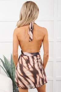 Zero Doubt Abstract Halter Mini Dress (Brown Combo) - NanaMacs